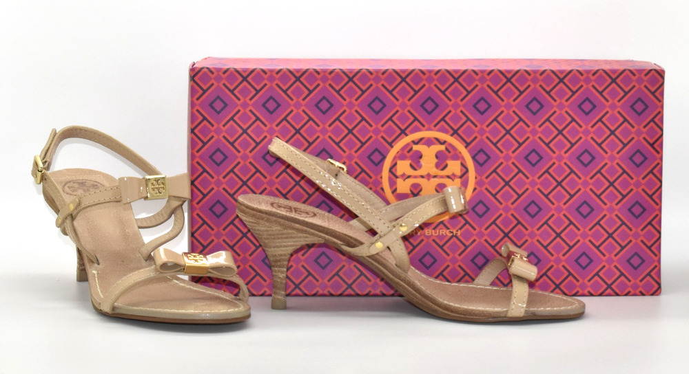 B0 Auth TORY BURCH Kailey Tan Patent Leather Mid Heel Bow Sandals Size 5.5M